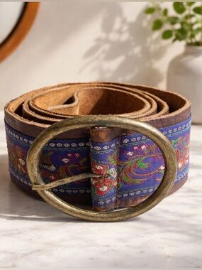 Bohemian Embroidered Purple %100 Real Leather Belt with Brass Oval Buckle
